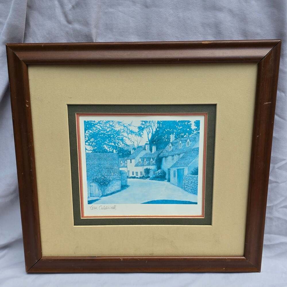 Tom Caldwell Hand Signed English Country Cottage Village Framed Lithograph Print